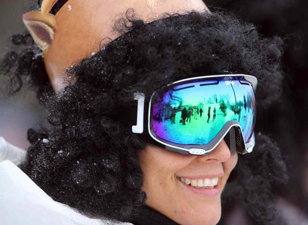 TREVOR HAGAN / WINNIPEG FREE PRESS
A member of team Badder than Rams smiles at the start line of the Ice Donkey Winter Adventure run at the University of Manitoba Sunday.