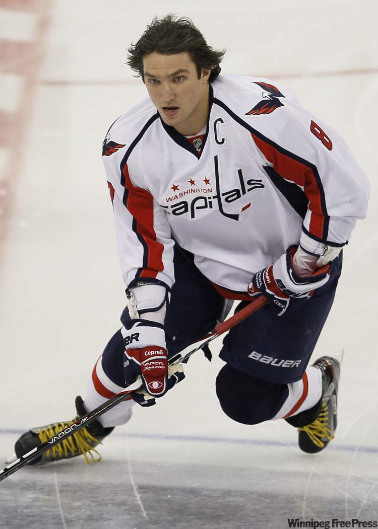 John Woods / Winnipeg Free Press
Washington Capitals' forward Alex Ovechkin (8) during the warmup prior to their game against the Winnipeg Jets in Winnipeg on Thursday.