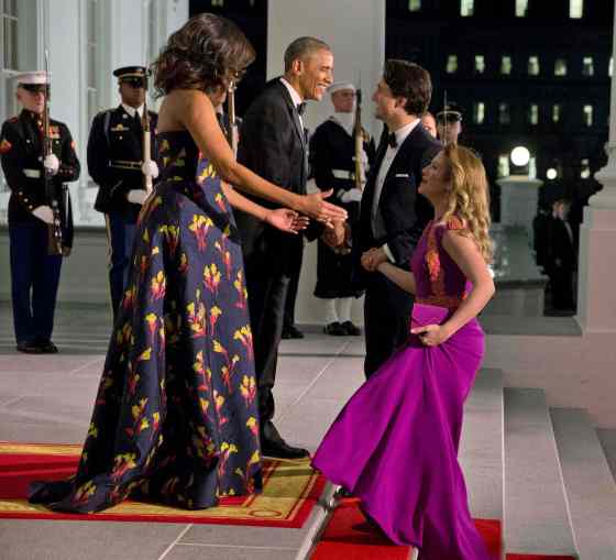 President Barack Obama and first lady Michelle Obama greet Canadian Prime Minister Justin Trudeau and Sophie Gregoire Trudeau at the North Portico of the White House in Washington, Thursday, March 10, 2016, for a state dinner. (AP Photo/Jacquelyn Martin)