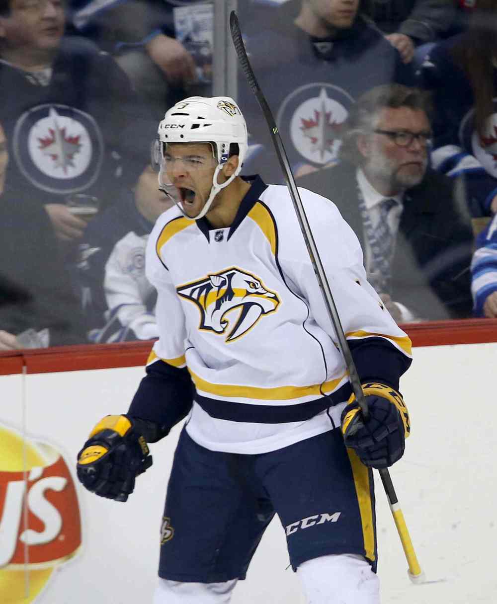 Trevor Hagan / The Canadian Press
Nashville Predators' Seth Jones (3) celebrates after scoring a first-period goal against the Winnipeg Jets Tuesday.