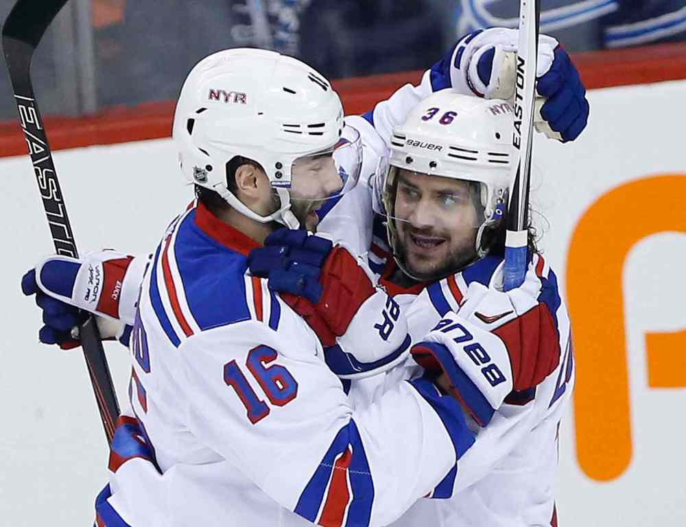 John Woods / The Canadian Press
New York Rangers Mats Zuccarello (36) and Derick Brassard (16) celebrate Zuccarello's first-period goal against the Winnipeg Jets.