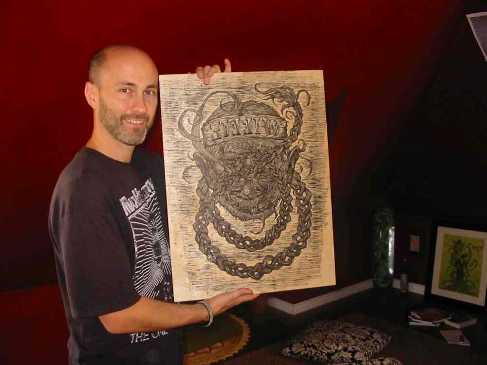 Bill Redekop / Winnipeg Free Press
Darcy J. Watt with a woodcut for making prints of Willie Nelson for the music legend's 80th birthday.