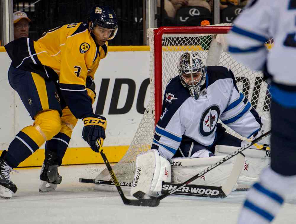 Nick Wagner photo
Nashville's Seth Jones is stopped on a wrap around attempt by Winnipeg goalie Ondrej Pavelec during the first period of the game at Bridgestone Arena in Nashville, Tenn.