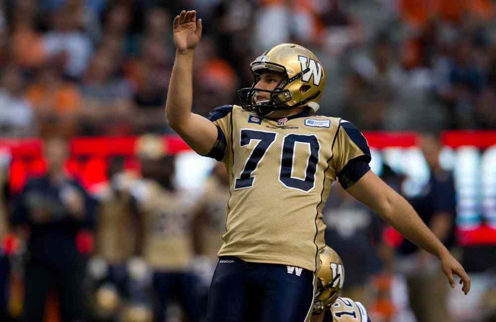 DARRYL DYCK / THE CANADIAN PRESS
Winnipeg Blue Bombers' Lirim Hajrullahu watches as his kick sails through the uprights for a field goal during the first half of Friday's game.