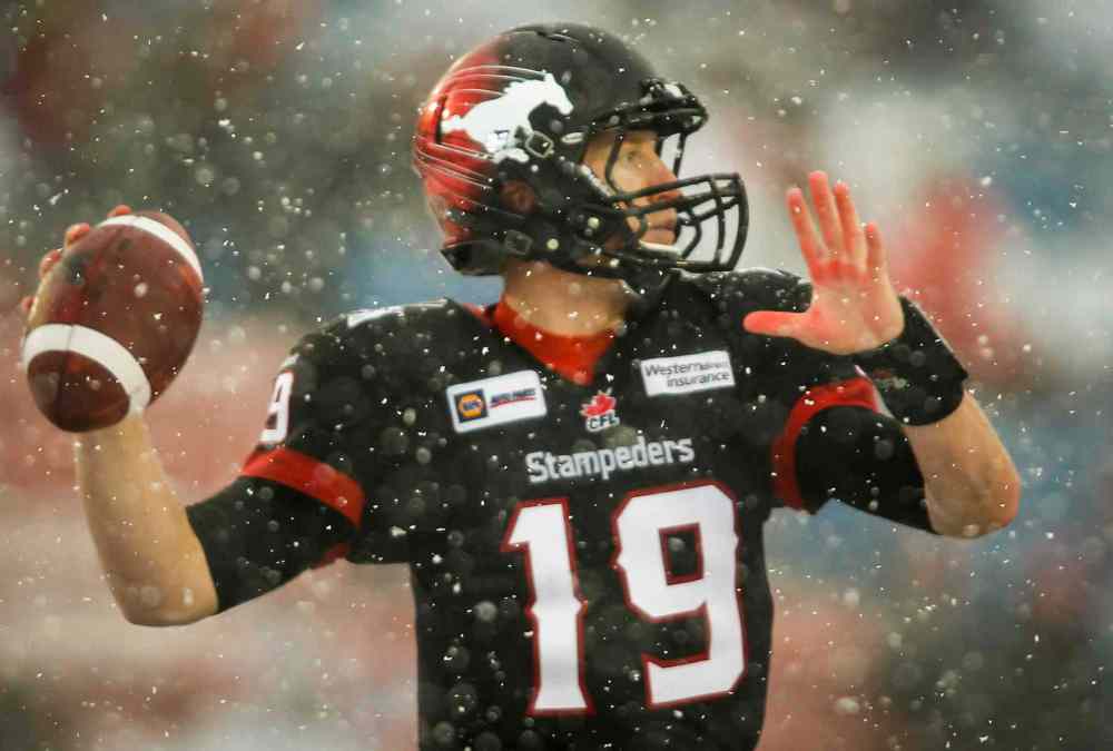 Jeff McIntosh / The Canadian Press
Calgary Stampeders' quarterback Bo Levi Mitchell throws the ball during the second half against the Winnipeg Blue Bombers in Calgary, Saturday.