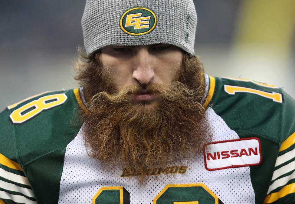 Edmonton Eskimos kicker Hugh O�Neill sports a huge beard while visiting the Winnipeg Blue Bombers at Investors Group Field. September 20, 2013 (JOE BRYKSA / WINNIPEG FREE PRESS)