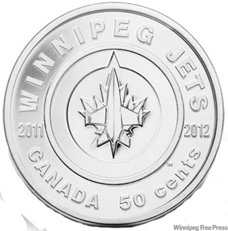 One of two commemorative coins unveiled by Prime Minister Stephen Harper the Royal Canadian Mint is producing to mark the Winnipeg Jets' return to the NHL. (Handout photo)