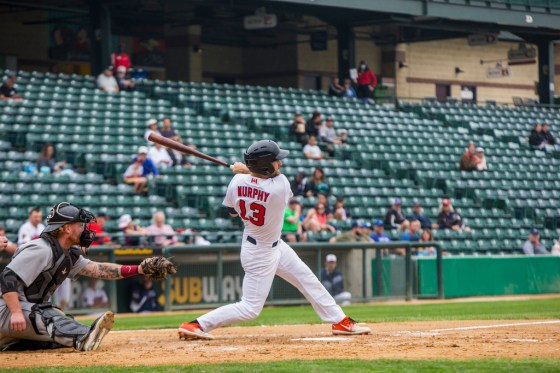 Max Murphy takes a swing at Shaw Park on Thursday. (Mikaela MacKenzie / Winnipeg Free Press)