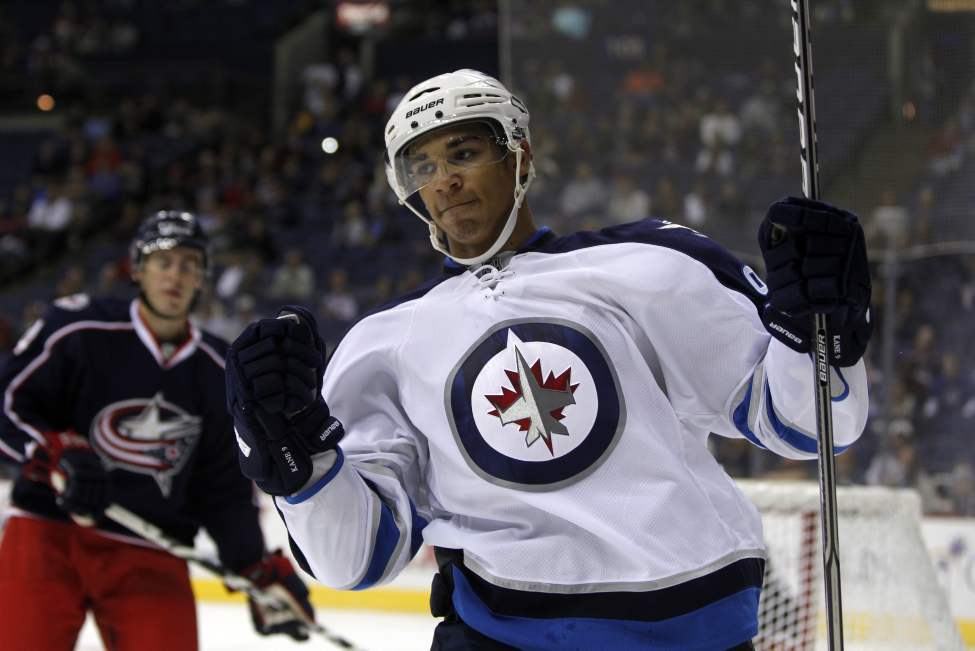 The Winnipeg Jets vs. Columbus Blue Jackets at Nationwide Arena in Columbus, Ohio. Second Period action. First goal of the new Jets scored by #9 Evander Kane. Sept. 20, 2011 (BORIS MINKEVICH / WINNIPEG FREE PRESS)