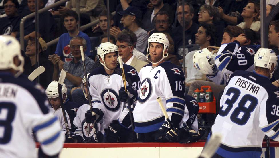 Jets Captain Andrew Ladd against Columbus in their first home game in 15 years.
(Phil Hossack / Winnipeg Free Press)
