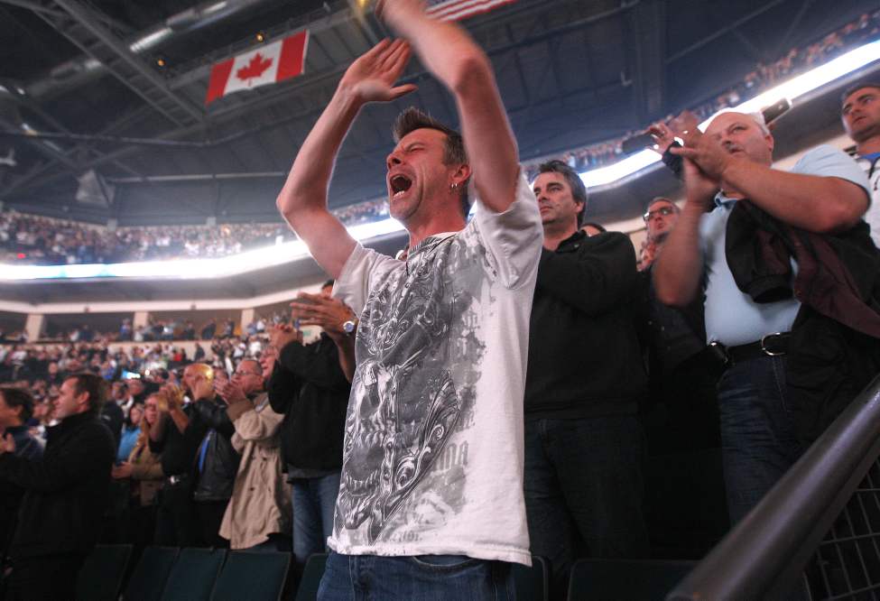 Let the Games Begin, Dave Esau lets his emotions run as the Jets step onto the ice against Columbus in their first home game in 15 years...See story Sept 20/2011 (Phil Hossack / Winnipeg Free Press)