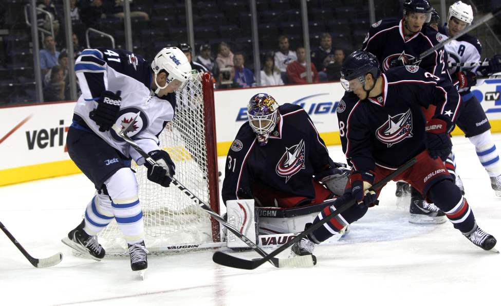 The Winnipeg Jets vs.Columbus Blue Jackets at Nationwide Arena in Columbus, Ohio. First Period action. Jets #41 Jason Jaffray. Sept. 20, 2011 (BORIS MINKEVICH / WINNIPEG FREE PRESS)