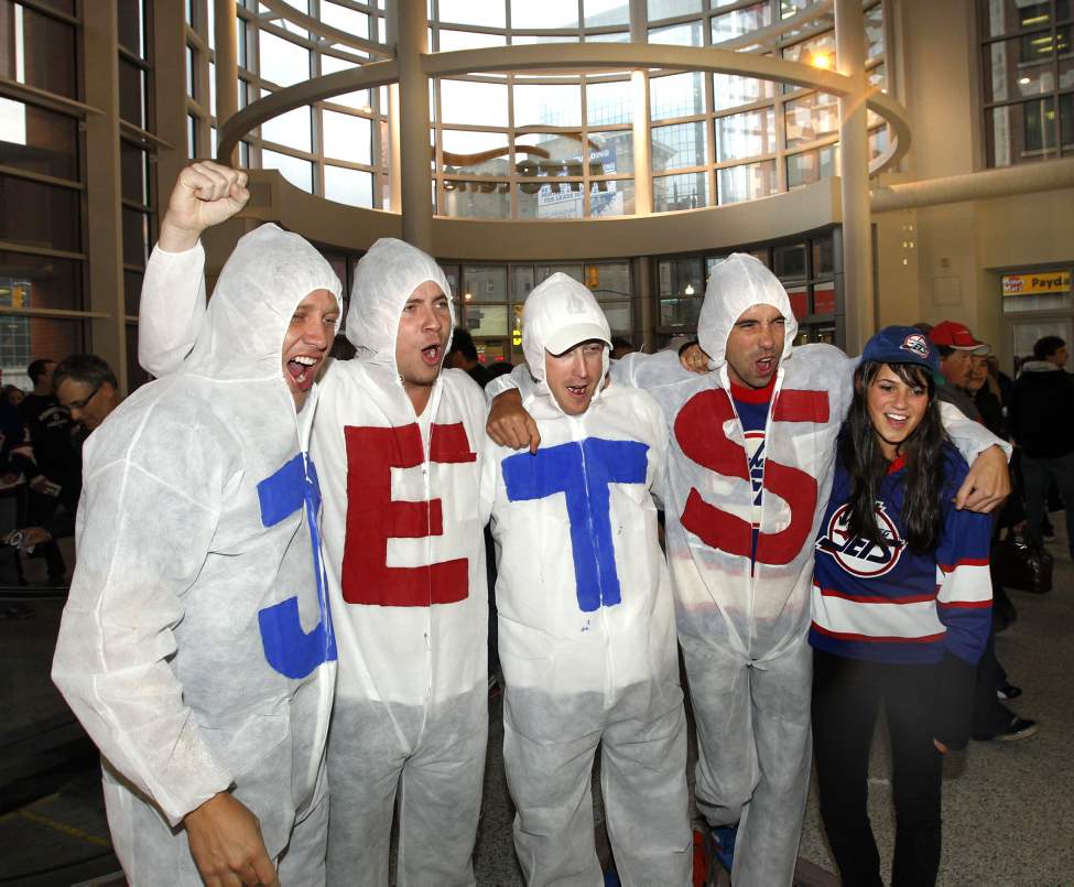 Winnipeg Jets fans from left Ryan Postnikoff, Neal McDonald, Jay Meaken, Colin Herperger and Brynn Macek arrive at the MTS Centre Tuesday for the exhibition game between the Winnipeg Jets and the Columbus Blue Jackets. (WAYNE GLOWACKI/WINNIPEG FREE PRESS)