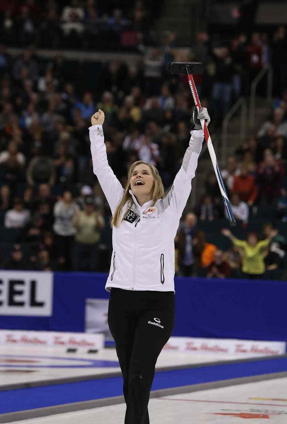 Jason Halstead / Winnipeg Free Press
Jennifer Jones celebrates after defeating Sherry Middaugh in the women's final of Roar of the Rings curling at the MTS Centre Saturday.