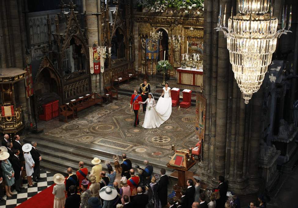 CP
Britain's Prince William, center left, and his wife Kate, the Duchess of Cambridge, center right, Britain's Prince Harry, William's best man, back left, and maid of honour Philippa Middleton, back right, accompany them during their wedding service at Westminster Abbey in London, Friday, April 29, 2011. (AP Photo/Kirsty Wigglesworth, Pool)