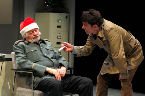 Butcher media call at Prairie Theatre Exchange, Portage Place - Butcher is a play about a man who shows up drugged at a police station dressed in a foreign military uniform and a Santa hat with a card saying ��arrest me�� hung around his neck. Written by Nicolas Billon (Iceland), it��s a thriller touching on war crimes. Left to right -Harry Nelken as the old man, and Paul Essiembre as Hamilton Barnes. BORIS MINKEVICH / WINNIPEG FREE PRESS  NOV 18, 2015