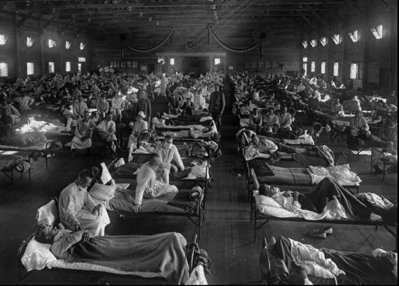CNS PROVINCE Vancouver SunInfluenza victims crowd into an emergency hospital near Fort Riley, Kansas in this 1918 photo.