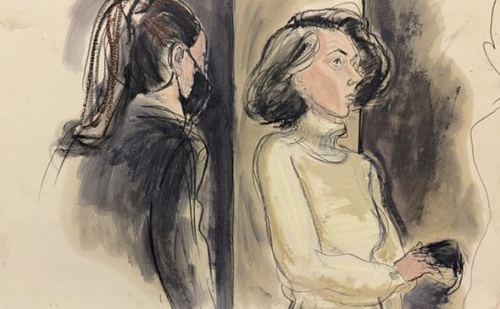 A courtroom sketch depicts Ghislaine Maxwell sitting with her mask off during the trial. (Elizabeth Williams / The Associated Press files)