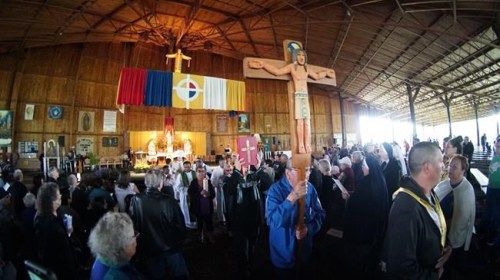 A procession makes its way out at the end of a mass at the Lac Ste. Anne Pilgrimage in this undated handout image provided on June 17, 2022, by the Catholic Diocese of Archdiocese of Edmonton. THE CANADIAN PRESS/HO-Lincoln Ho **MANDATORY CREDIT**