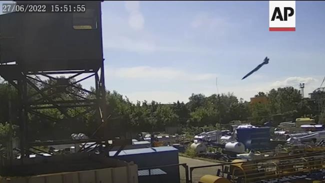 In this image taken from video and provided by the Ukrainian Presidential Press Office on Tuesday, June 28, 2022 which claims to show the moment a missile struck the shopping mall in Kremenchuk. (Ukrainian Presidential Press Office via AP)