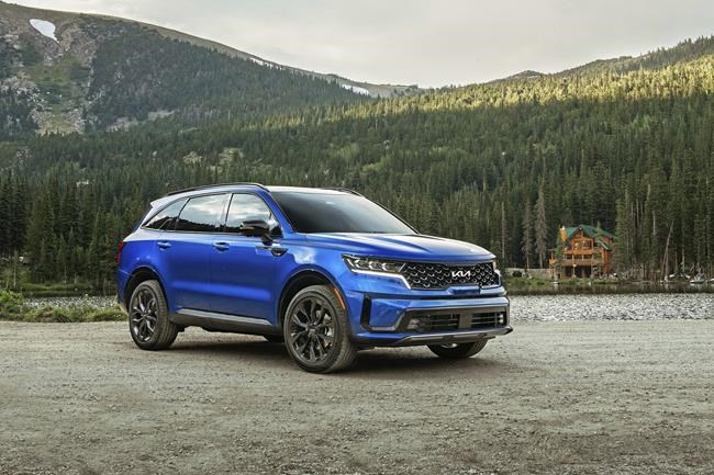 This photo provided by Kia, shows the 2022 Kia Sorento, a three-row compact SUV that was redesigned in 2021 and has taken on a more premium feel than its predecessor. (Courtesy of Kia America via AP)