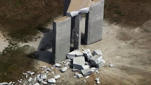This aerial image taken from video, show damage to the Georgia Guidestones monument near Elberton, Ga., on Wednesday, July 6, 2022. The Georgia Bureau of Investigation said the monument, which some Christians regard as satanic, was damaged by an explosion before dawn. (WSB-TV via AP)