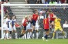 Spain's Irene Paredes, second right, scores her side's first goal during the Women Euro 2022 soccer match between Spain and Finland, at the Stadium MK, in Milton Keynes, England, Friday, July 8, 2022. (Nigel French/PA via AP)