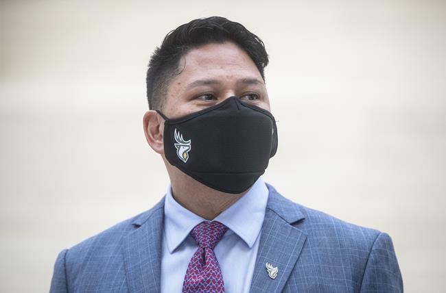 Victor Cui, speaks to media, in Edmonton, Alta., on Tuesday January 25, 2022. For the first time in league history, a CFL game will be broadcast in an Indigenous language. The Edmonton Elks president and chief executive officer announced Friday the franchise's July 22 home game against the Winnipeg Blue Bombers will be broadcast live in Cree.THE CANADIAN PRESS/Jason Franson