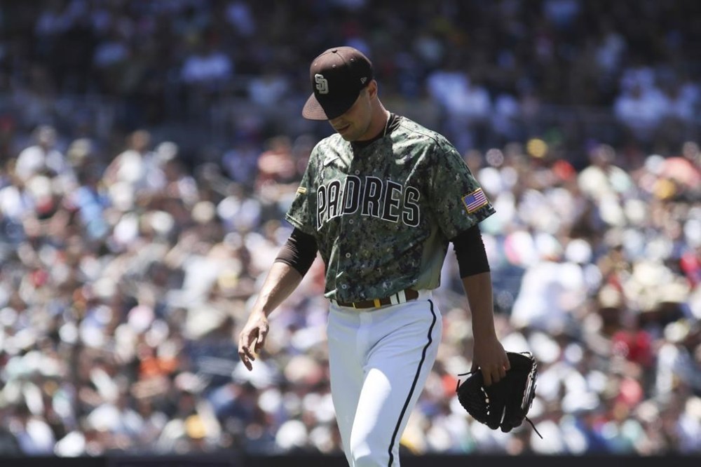 San Diego Padres' MacKenzie Gore reacts after being relieved in the fourth inning of a baseball game against the San Francisco Giants, Sunday, July 10, 2022, in San Diego. (AP Photo/Derrick Tuskan)