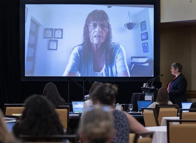 Brenda Forbes, a former neighbour of Gabriel Wortman in Portapique, N.S., is questioned by commission counsel Emily Hill, right, at the Mass Casualty Commission inquiry into the mass murders in rural Nova Scotia on April 18/19, 2020, in Halifax on Tuesday, July 12, 2022. Wortman, dressed as an RCMP officer and driving a replica police cruiser, murdered 22 people. THE CANADIAN PRESS/Andrew Vaughan