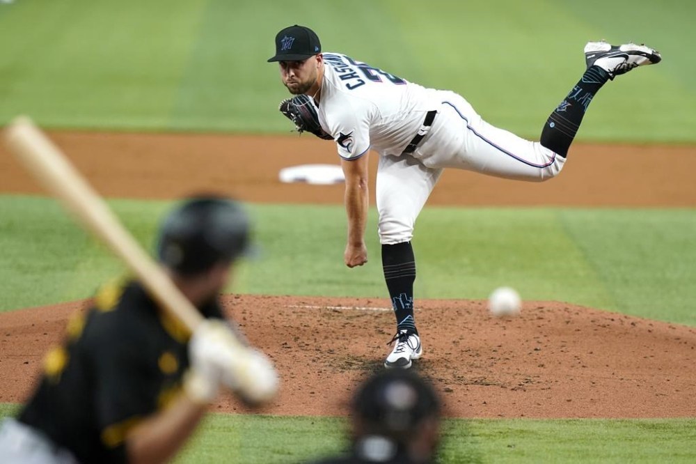 Miami Marlins starting pitcher Daniel Castano throws to Pittsburgh Pirates' Jason Delay during the third inning of a baseball game, Tuesday, July 12, 2022, in Miami. (AP Photo/Lynne Sladky)