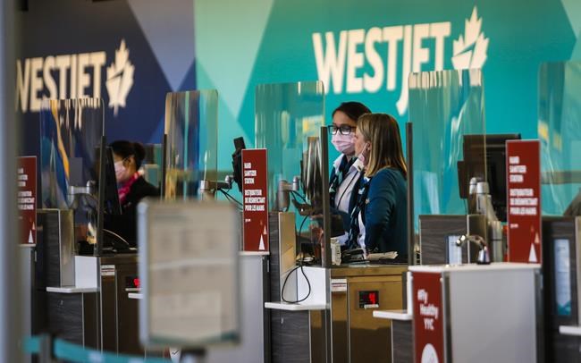 The union representing more than 700 WestJet employees at airports in Calgary and Vancouver say they have voted to support a strike if they cannot reach a new contract with the airline. Westjet employees wearing masks wait for passengers at the Calgary Airport in Calgary, Alta., Friday, Oct. 30, 2020. THE CANADIAN PRESS/Jeff McIntosh