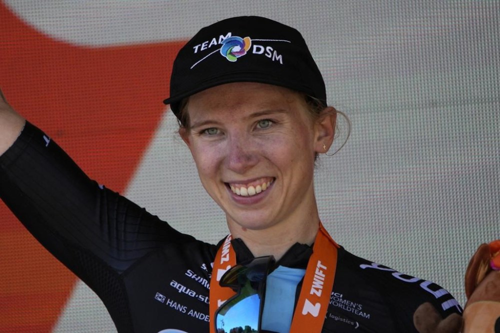 Netherland's Lorena Wiebes celebrates on the podium after winning the first stage of the Tour de France women's cycling race over 81.7 kilometers (50.8 miles) with start and finish in Paris, France, Sunday, July 24, 2022. (AP Photo/Daniel Cole)