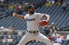 Miami Marlins starting pitcher Sandy Alcantara throws against the Pittsburgh Pirates in the first inning of a baseball game, Sunday, July 24, in Pittsburgh. (AP Photo/Barry Reeger)
