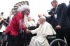 Pope Francis is greeted by George Arcand, Grand Chief of the Confederacy of Treaty Six First Nations, as he arrives in Edmonton on Sunday, July 24, 2022. His visit to Canada is aimed at reconciliation with Indigenous people for the Catholic Church's role in residential schools.THE CANADIAN PRESS/Nathan Denette