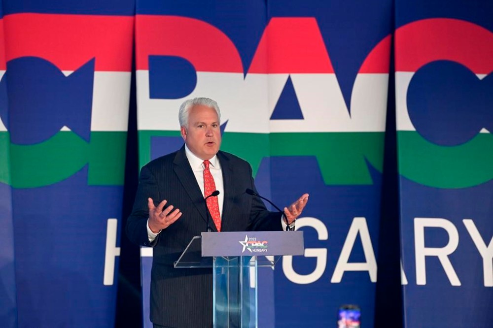 FILE - The chairman of the Conservative Political Action Coalition (CPAC), Matt Schlapp, delivers the welcome speech at the CPAC conference in Budapest, Hungary, May 19, 2022. Hungarian Prime Minister Viktor Orban is scheduled to speak at the Conservative Political Action Conference in Dallas. “What we like about him is that he's actually standing up for the freedom of his people against the tyranny of the EU,” said Schlapp. (Szilard Koszticsak/MTI via AP, File)