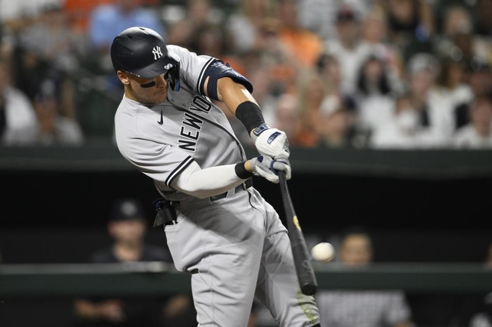 New York Yankees' Aaron Judge hits a home run during the fifth inning of a baseball game against the Baltimore Orioles, Friday, July 22, 2022, in Baltimore. The Yankees won 7-6. (AP Photo/Nick Wass)