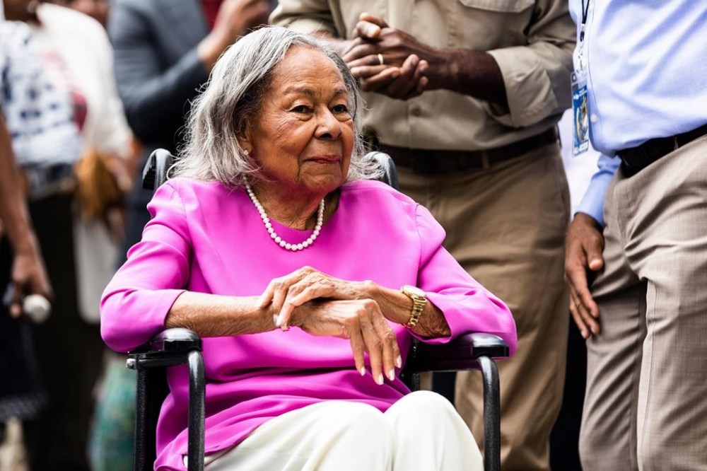 Rachel Robinson, wife of Jackie Robinson, is shown at the ribbon cutting ceremony for the opening of the Jackie Robinson Museum, Tuesday, June 26, 2022, in New York. (AP Photo/Julia Nikhinson)