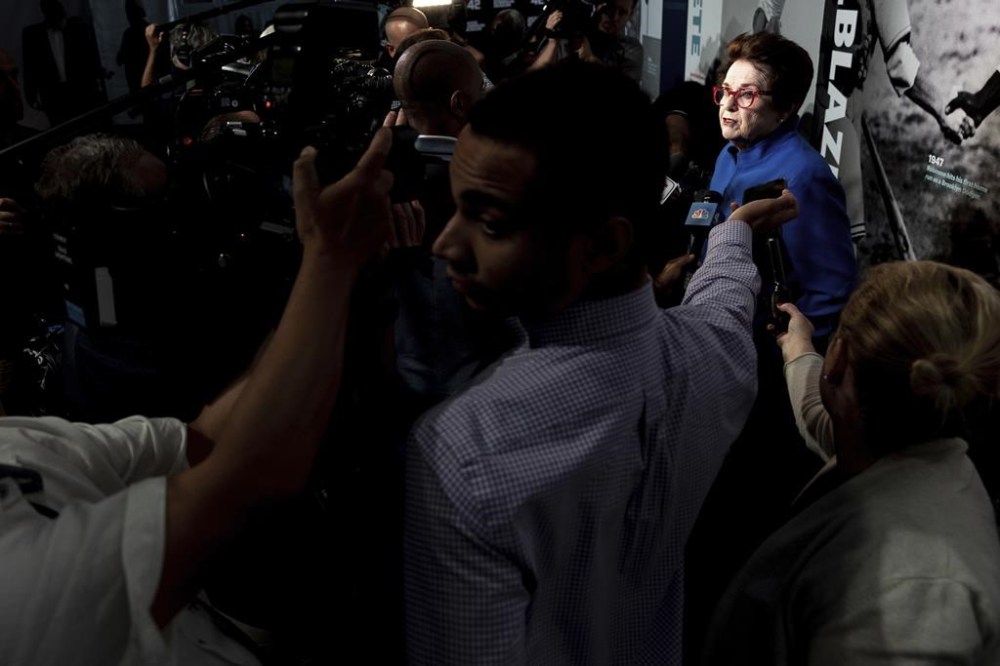 Billie Jean King speaks to the media prior to the ribbon-cutting ceremony for the Jackie Robinson Museum, Tuesday, June 26, 2022, in New York. (AP Photo/Julia Nikhinson)