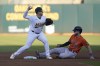 Oakland Athletics second baseman Jonah Bride, left, throws to first base after forcing Houston Astros' Kyle Tucker out at second base on a double play hit into by Aledmys Diaz during the second inning of a baseball game in Oakland, Calif., Tuesday, July 26, 2022. (AP Photo/Jeff Chiu)