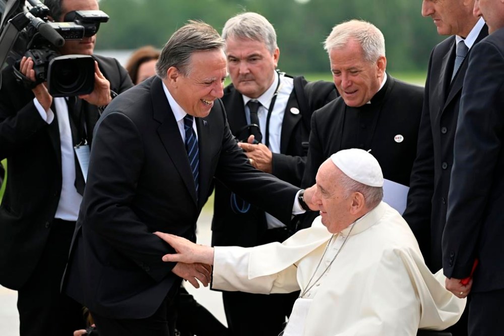 Pope Francis arrives meeting Quebec Premier François Legault during his papal visit across Canada in Quebec City on Wednesday, July 27, 2022. THE CANADIAN PRESS/Bernard Brault