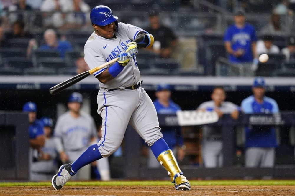 Kansas City Royals' Salvador Perez swings on a three-run home run during the fifth inning of the team's baseball game against the New York Yankees on Friday, July 29, 2022, in New York. (AP Photo/Frank Franklin II)