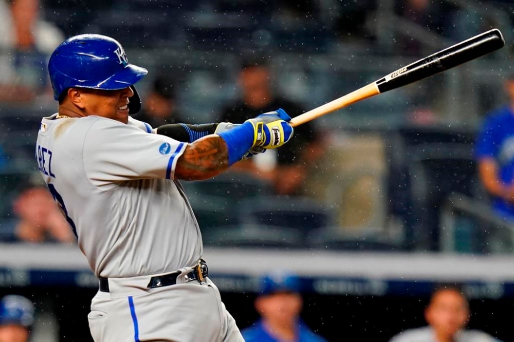 Kansas City Royals' Salvador Perez hits a three-run home run during the fifth inning of a baseball game against the New York Yankees, Friday, July 29, 2022, in New York. (AP Photo/Frank Franklin II)