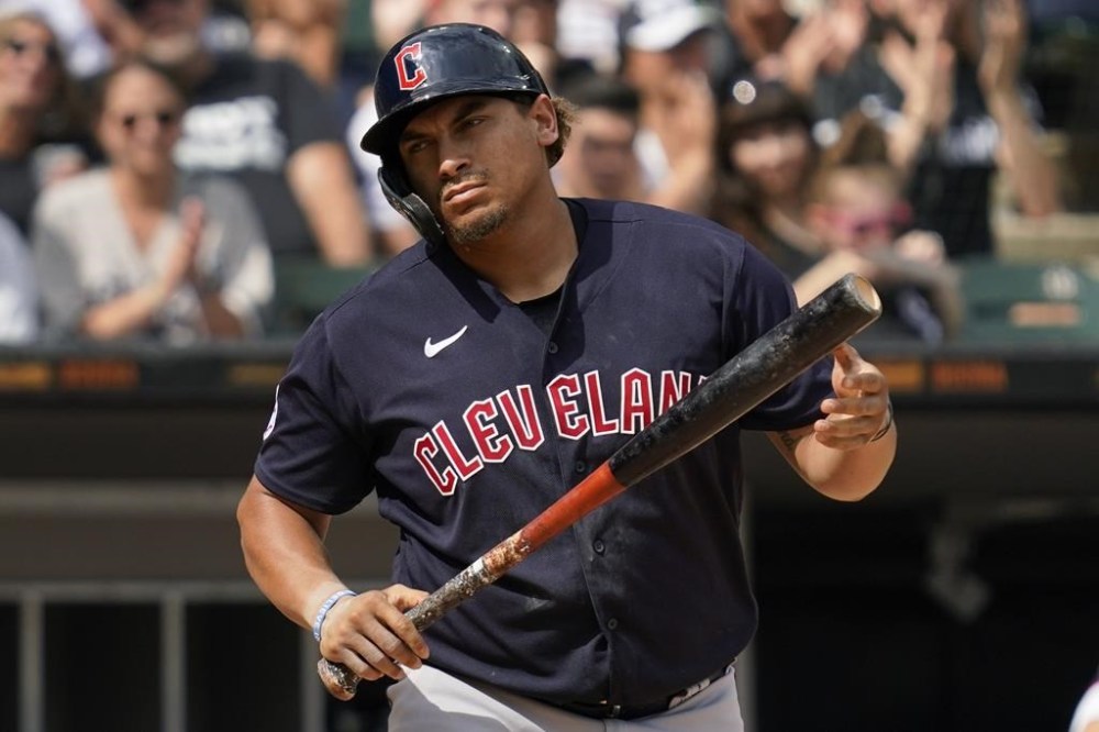Cleveland Guardians' Josh Naylor reacts after striking out swinging during the ninth inning of a baseball game against the Chicago White Sox in Chicago, Sunday, July 24, 2022. The White Sox won 6-3. (AP Photo/Nam Y. Huh)