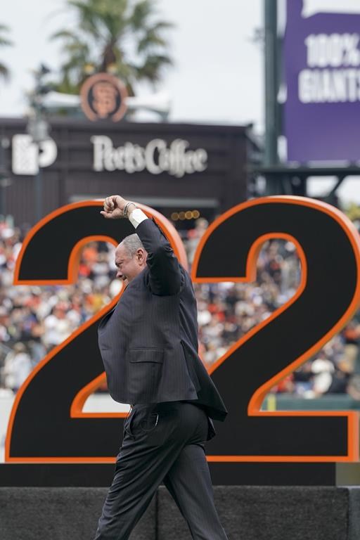 Will Clark reacts during the ceremony to retire his jersey No. 22 before a baseball game between the San Francisco Giants and the Chicago Cubs in San Francisco, Saturday, July 30, 2022. (AP Photo/Godofredo A. Vásquez)