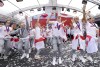 England players celebrate on stage at an event at Trafalgar Square in London, Monday, Aug. 1, 2022. England beat Germany 2-1 and won the final of the Women's Euro 2022 on Sunday. (James Manning/PA via AP)