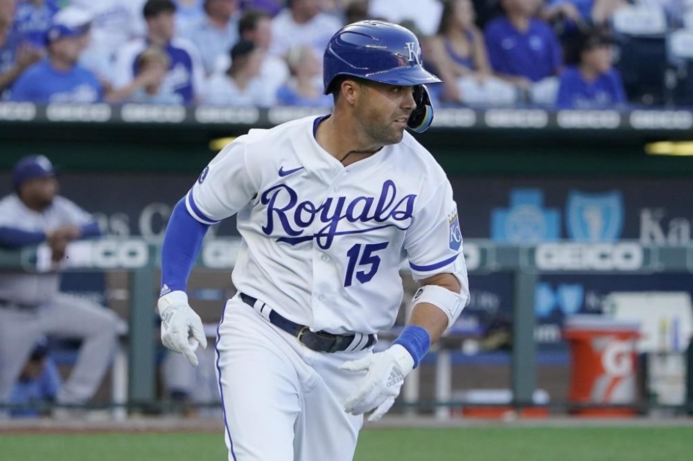 Kansas City Royals' Whit Merrifield runs to first after hitting a two-run double in the third inning against the Tampa Bay Rays during a baseball game Saturday, July 23, 2022, in Kansas City, Mo. The Toronto Blue Jays acquired two-time all-star Whit Merrifield and solidified their bullpen by adding right-handed relievers Anthony Bass and Zach Pop before Tuesday's Major League Baseball trade deadline. The Jays acquired Merrifield just before the 6 p.m. ET deadline from Kansas City for Samad Taylor and Max Castillo. Merrifield was one of 10 Royals who couldn't accompany the team for a four-game series in Toronto last month because he was not vaccinated against COVID-19. THE CANADIAN PRESS/AP, Ed Zurga