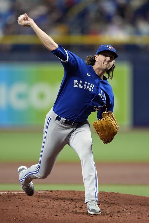 Toronto Blue Jays' Kevin Gausman pitches to the Tampa Bay Rays during the first inning of a baseball game Tuesday, Aug. 2, 2022, in St. Petersburg, Fla. (AP Photo/Chris O'Meara)