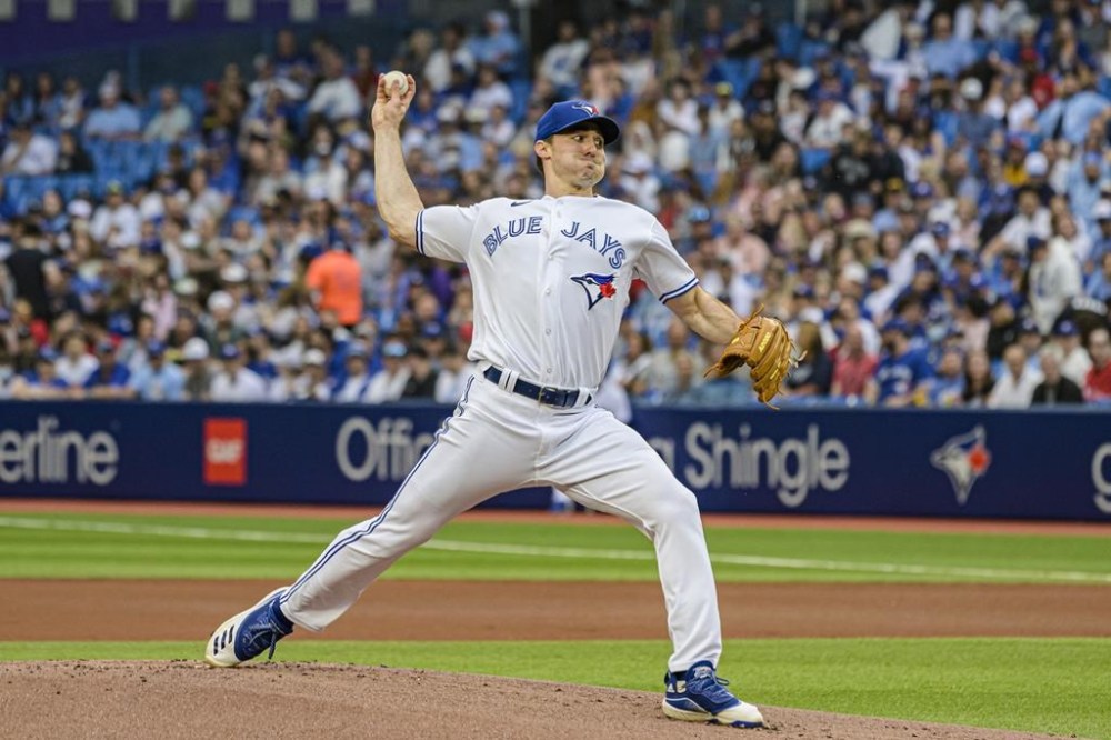 Toronto Blue Jays starting pitcher Ross Stripling (48) throws the ball during first inning MLB baseball action against the New York Yankees, in Toronto on Friday, June 17, 2022. The Blue Jays have placed Stripling on the 15-day injured list with a right hip strain.THE CANADIAN PRESS/Christopher Katsarov