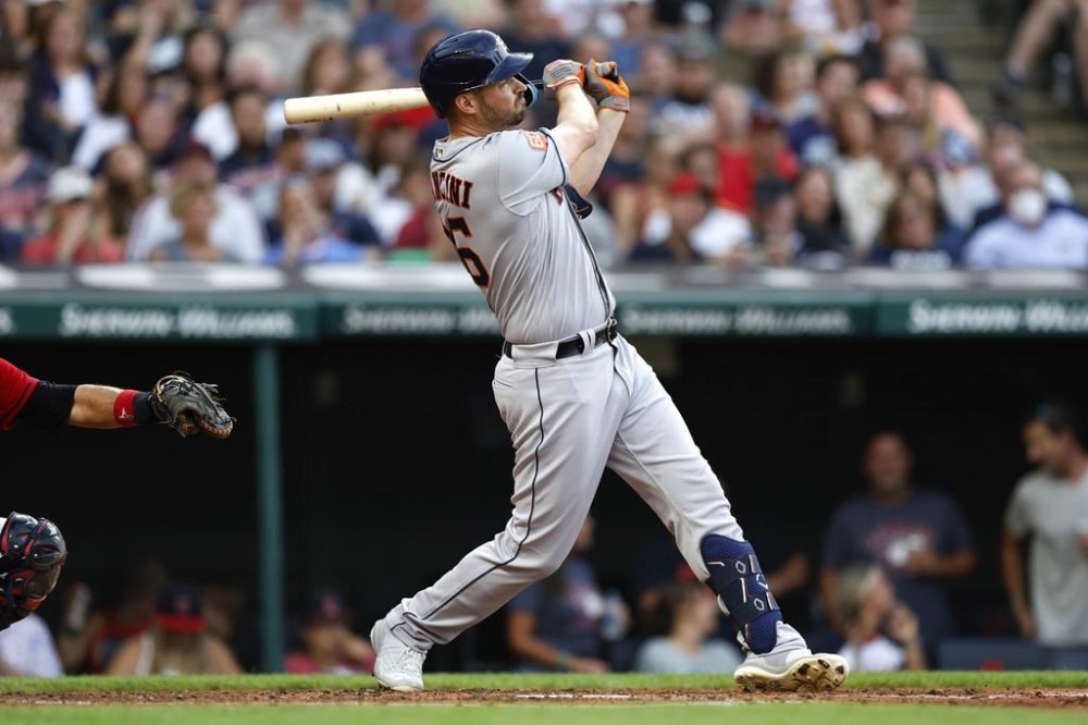 Houston Astros' Trey Mancini watches his grand slam off Cleveland Guardians starting pitcher Hunter Gaddis during the third inning of a baseball game Friday, Aug. 5, 2022, in Cleveland. (AP Photo/Ron Schwane)